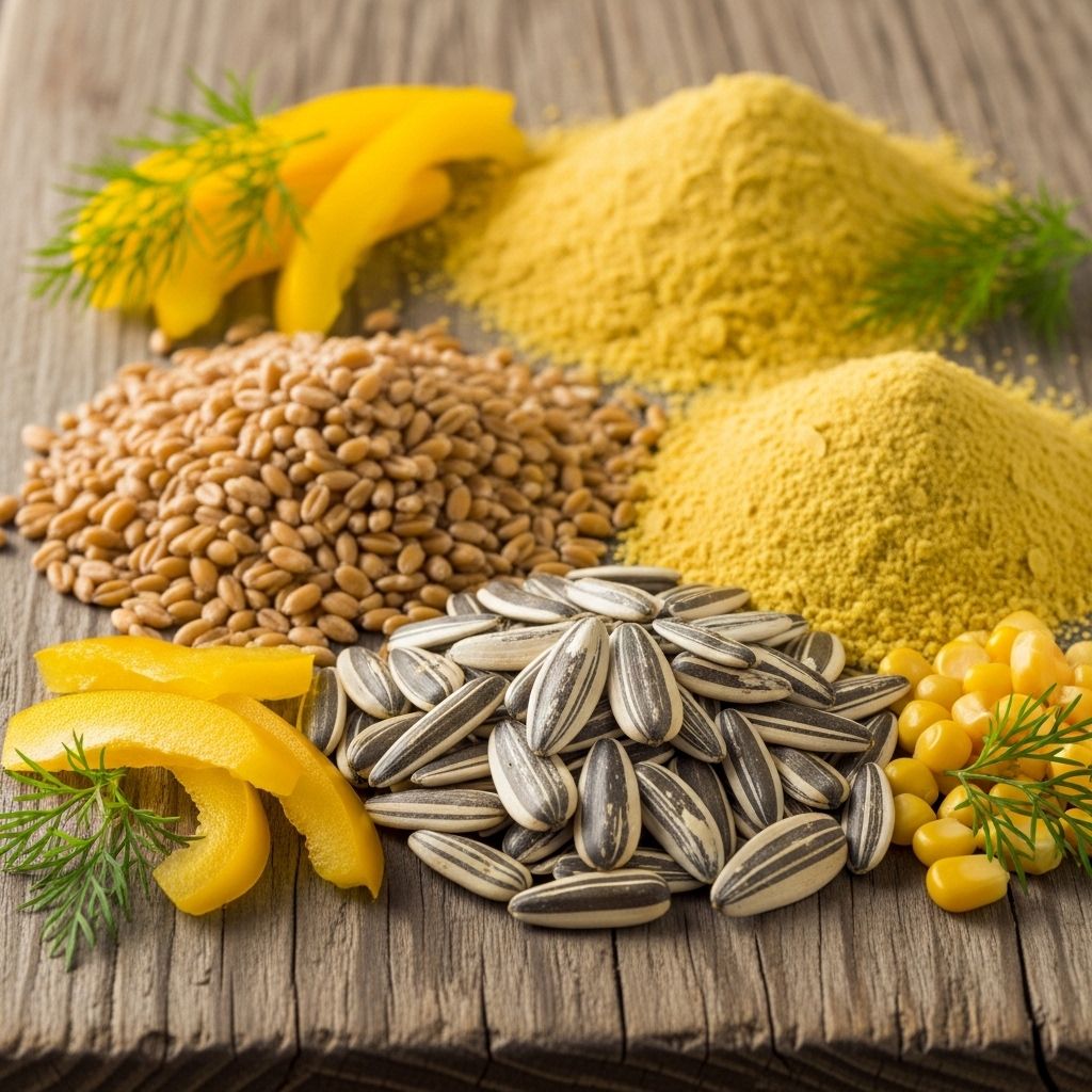 Collection of yellow and golden-hued whole foods including wheat germ, sunflower seeds and nutritional yeast on a rustic wooden board representing B vitamin sources