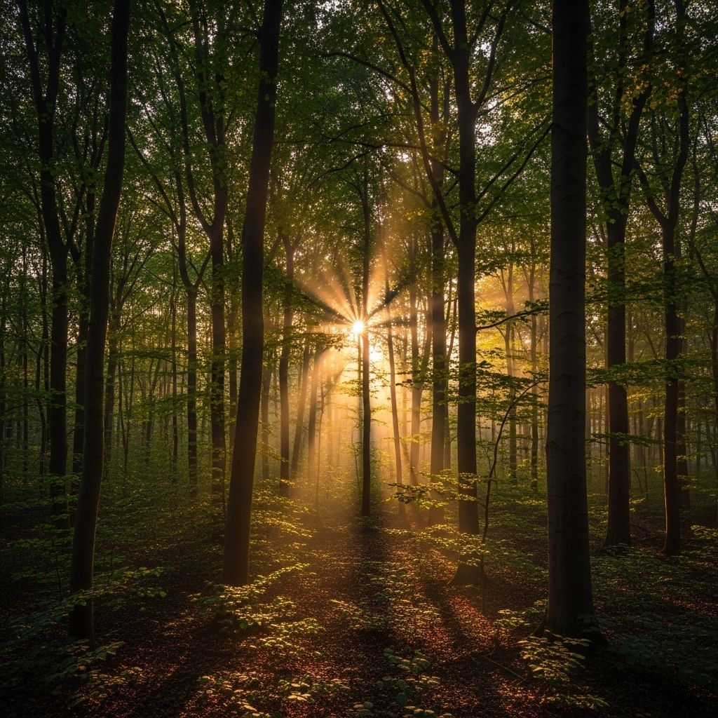 Serene natural landscape at dawn with golden light filtering through a dense forest canopy, symbolising energy, renewal and natural vitality