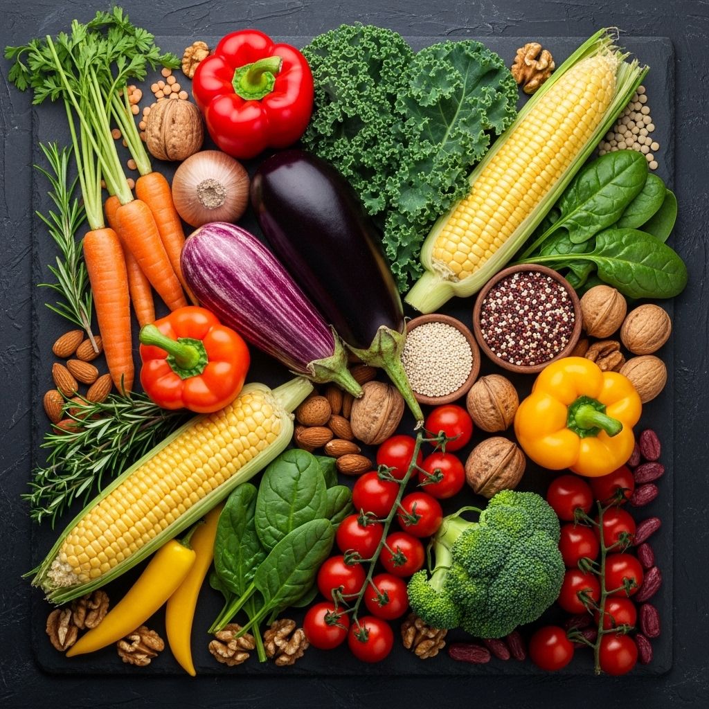 Arrangement of colourful fresh vegetables and whole foods on a dark slate surface, showcasing diverse natural sources of vitamins and minerals